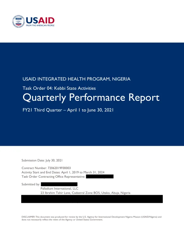 Task Order 04: Kebbi State Quarterly Performance Report, FY21 Quarter 3