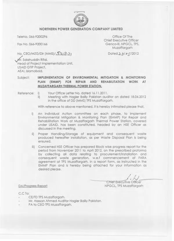 EPP Implementation of EMMP for Repair and Rehabilitation Work at Muzaffargarh Thermal Power Station, Progress Report November 2011 - April 2012