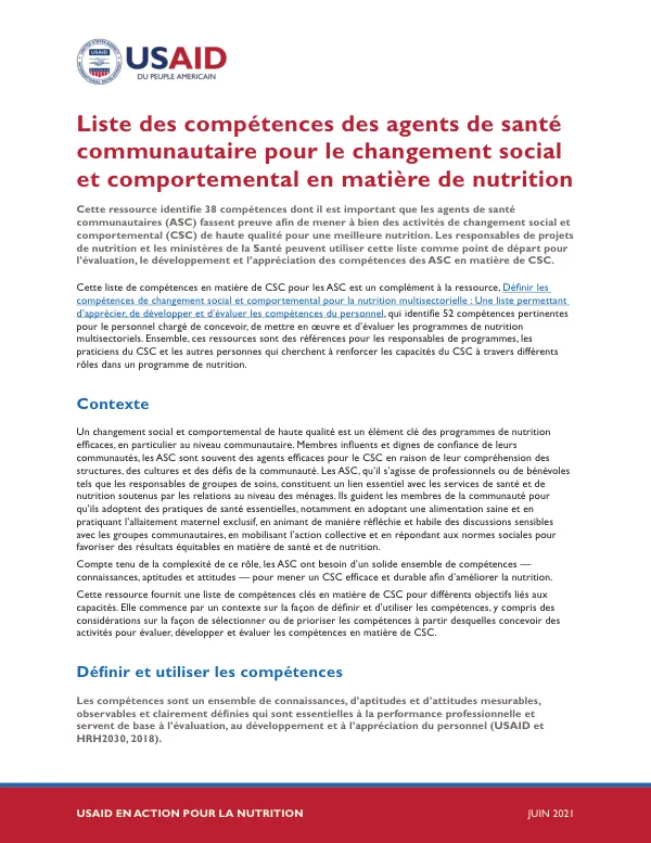 Liste des compétences des agents de santé communautaire pour le changement social et comportemental en matière de nutrition