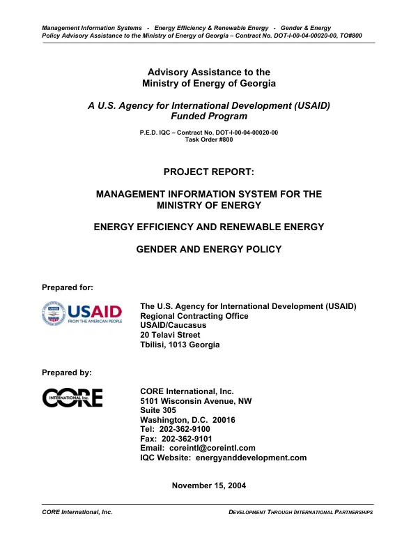 Project report : management information system for the Ministry of Energy - energy efficiency and renewable energy - gender and energy policy