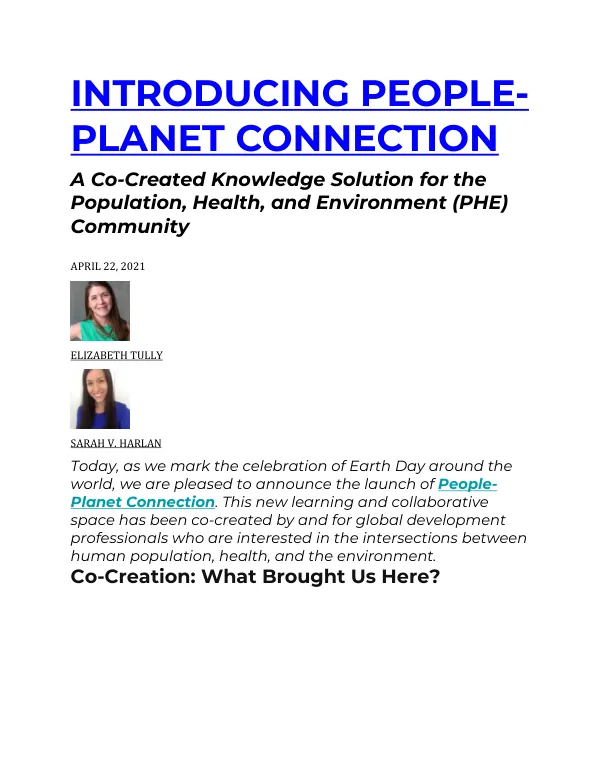 INTRODUCING PEOPLE-PLANET CONNECTION A Co-Created Knowledge Solution for the Population, Health, and Environment (PHE) Community