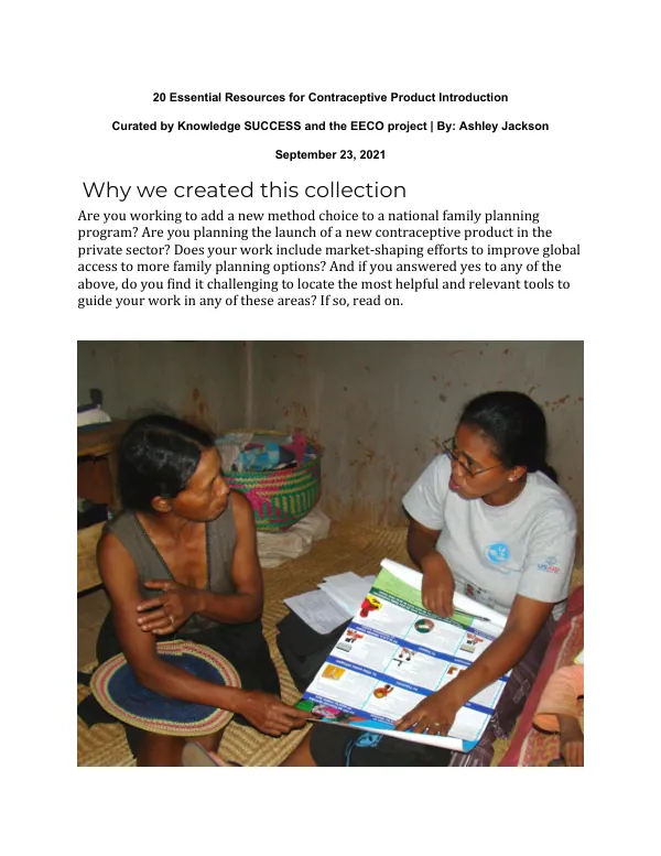 20 Essential Resources: Contraceptive Product Introduction