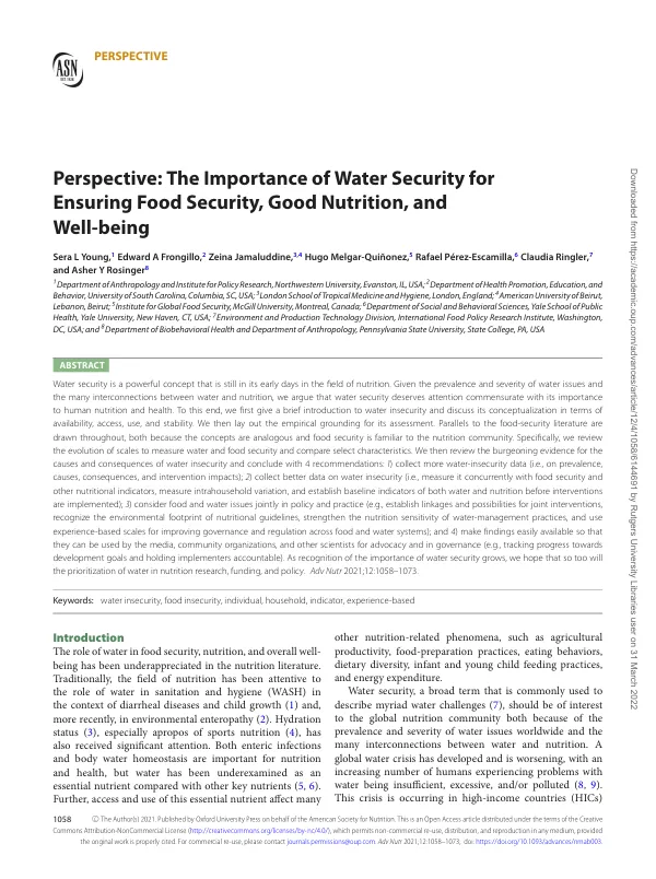 The Importance of Water Security for Ensuring Food Security, Good Nutrition, and Well-being