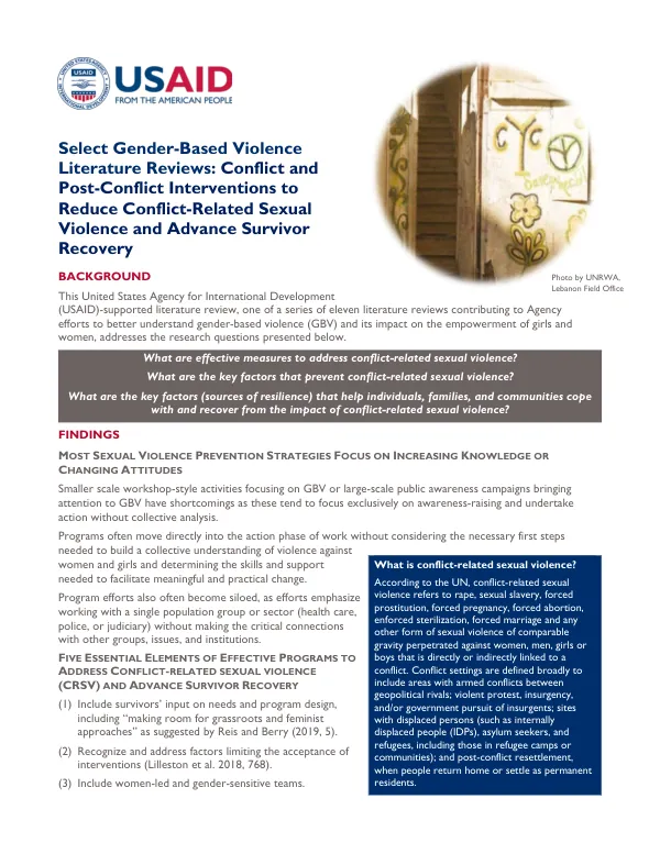 Select Gender-Based Violence Literature Reviews: Conflict and Post-Conflict Interventions to Reduce Conflict-Related Sexual Violence and Advance Survivor Recovery