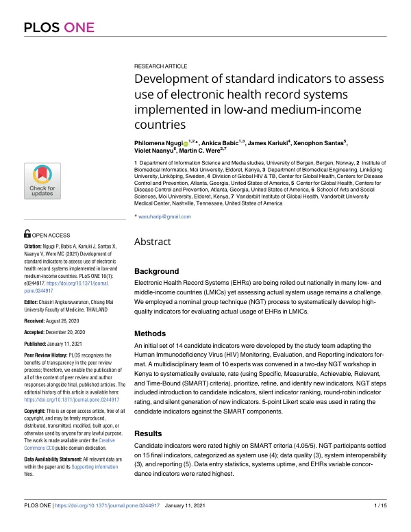 Development of standard indicators to assess use of electronic health record systems implemented in low-and medium-income countries