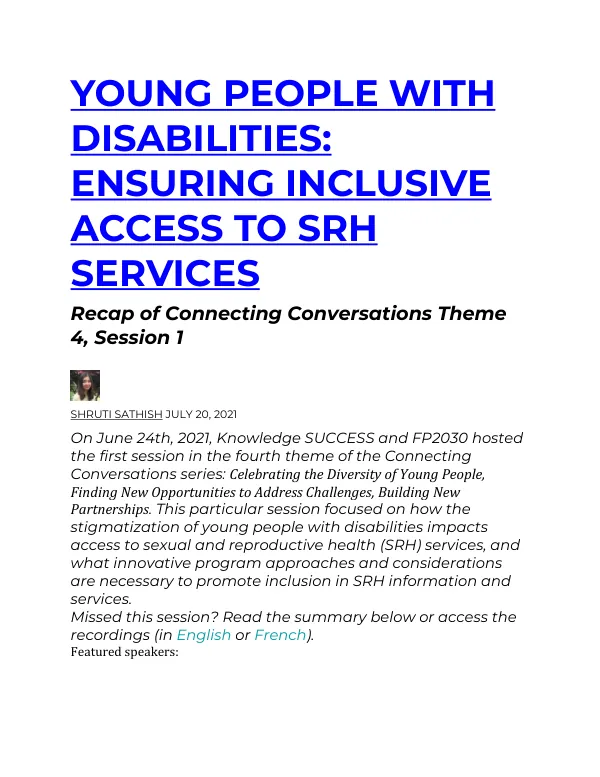 Young People with Disabilities: Ensuring Inclusive Access to SRH Services