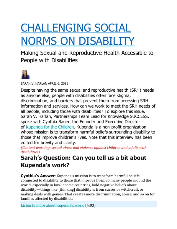 Challenging Social Norms on Disability: Making Sexual and Reproductive Health Accessible to People with Disabilities