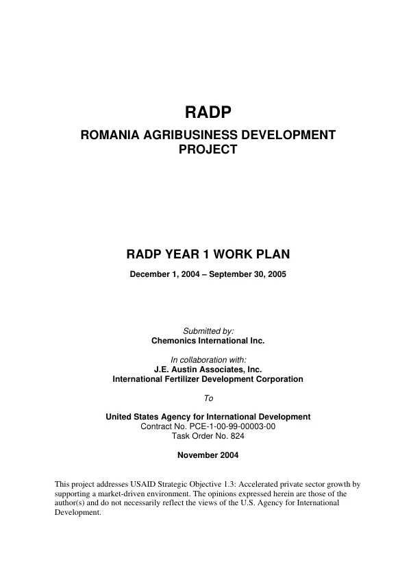 RADP, Romania agribusiness development project : RADP year 1 work plan, December 1, 2004-September 30, 2005