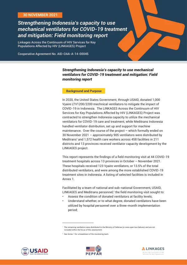 Strengthening Indonesia’s capacity to use mechanical ventilators for COVID-19 treatment and mitigation: Field monitoring report