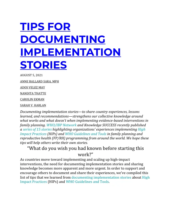 TIPS FOR DOCUMENTING IMPLEMENTATION STORIES