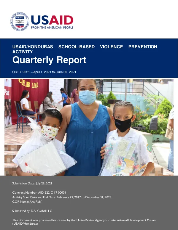 USAID/Honduras School-Based Violence Prevention Activity Quarterly Report – Q3 FY 2021