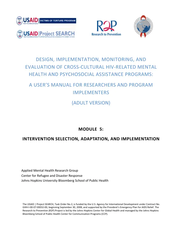 Design, Implementation, Monitoring, and Evaluation of Cross-Cultural HIV-Related Mental Health and Psychosocial Assistance Programs: A User’s Manual for Researchers and Program Implementers (Adult Version)