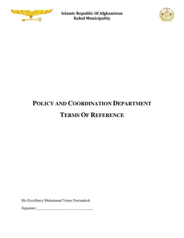 Terms of Reference for Policy and Coordination Department of Kabul Municipality