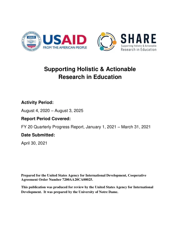 Supporting Holistic & Actionable Research in Education FY20 Q2 Report
