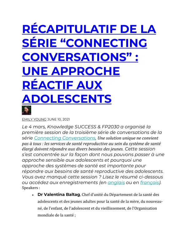 RÉCAPITULATIF DE LA SÉRIE “CONNECTING CONVERSATIONS” : UNE APPROCHE RÉACTIF AUX ADOLESCENTS