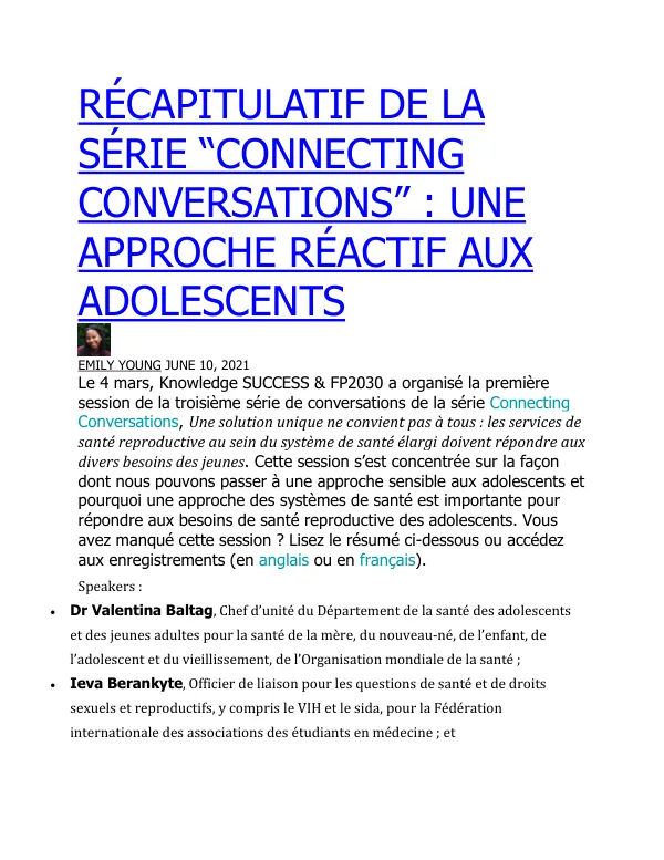 RÉCAPITULATIF DE LA SÉRIE “CONNECTING CONVERSATIONS” : UNE APPROCHE RÉACTIF AUX ADOLESCENTS