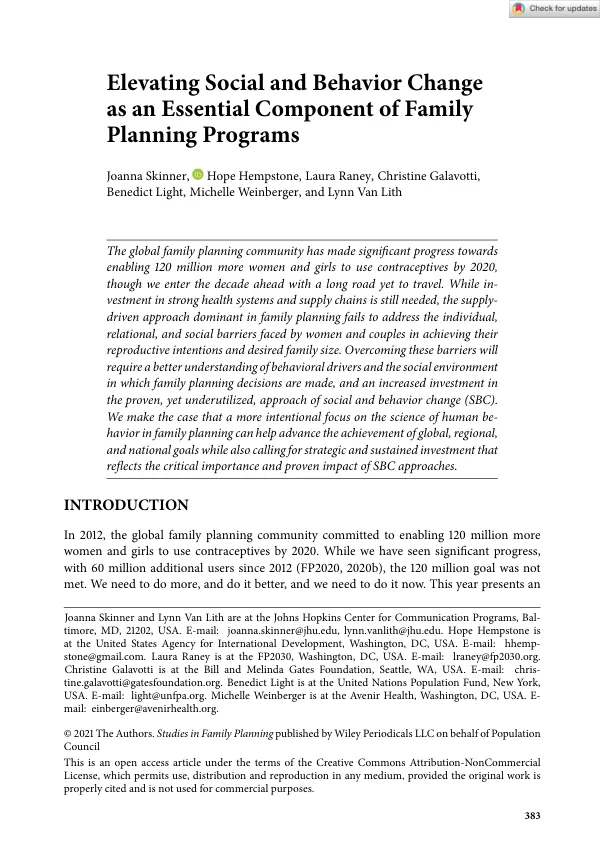 Elevating Social and Behavior Change as an Essential Component of Family Planning Programs