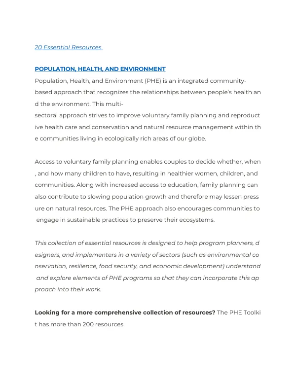 20 Essential Resources for Population, Health, and Environment (PHE) Programs