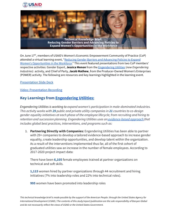 Technical Knowledge Brief: Reducing Gender Barriers and Advancing Policies to Expand Women's Opportunities in the Workforce