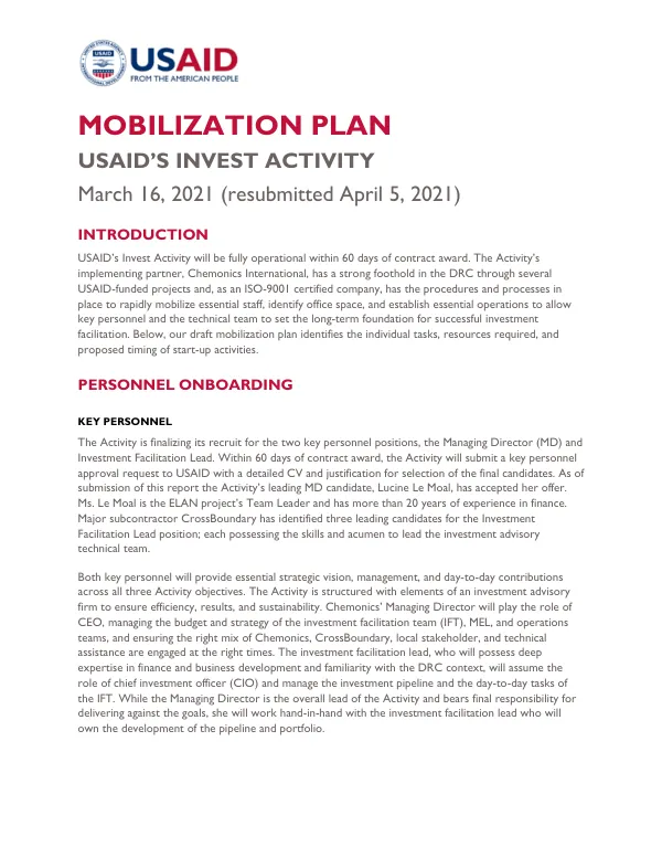 USAID's Invest Activity Mobilization Plan