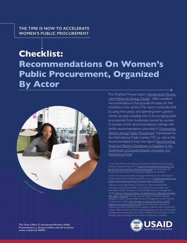 The Time is Now to Accelerate Women's Public Procurement: Checklist: Recommendations on Women's Public Procurement, Organized By Actor