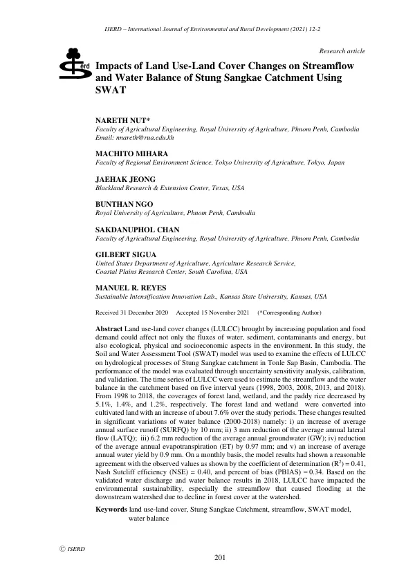 Impacts of Land Use-Land Cover Changes on Streamflow and Water Balance of Stung Sangkae Catchment Using SWAT