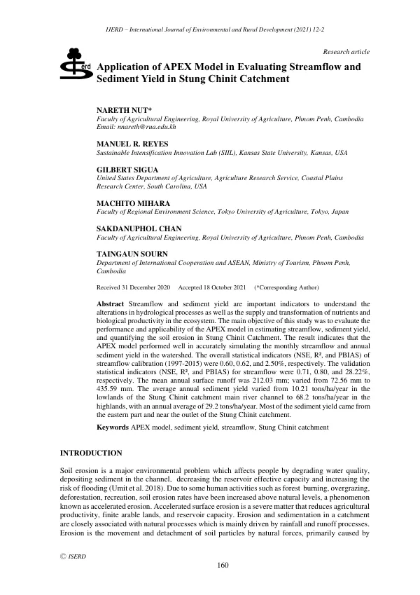 Application of APEX Model in Evaluating Streamflow and Sediment Yield in Stung Chinit Catchment