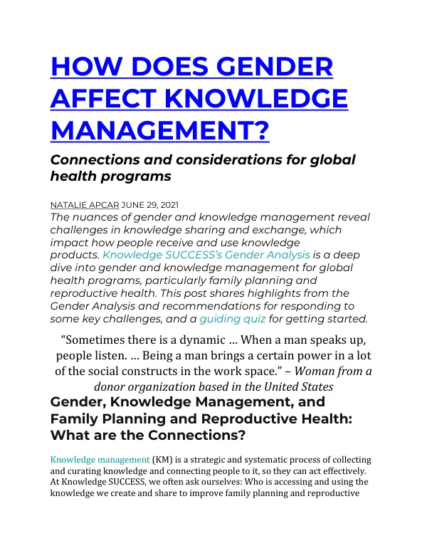 Connections and considerations for global health programs: HOW DOES GENDER AFFECT KNOWLEDGE MANAGEMENT?