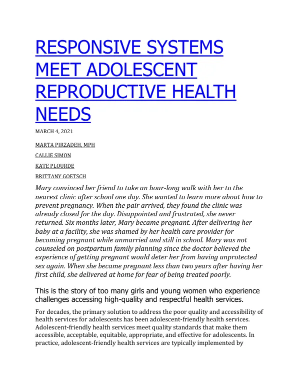 Responsive Systems Meet Adolescent Reproductive Health Needs
