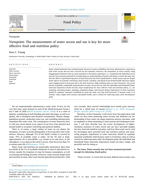 Viewpoint: The measurement of water access and use is key for more effective food and nutrition policy