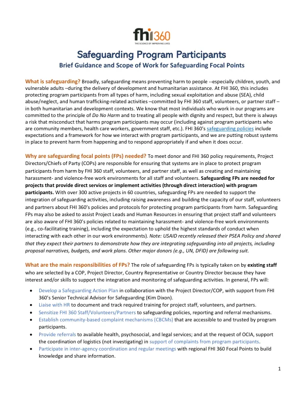 Brief Guidance and Scope of Work for Safeguarding Focal Points