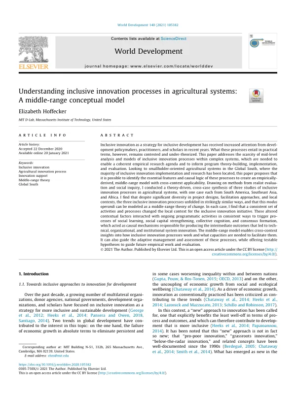 Understanding inclusive innovation processes in agricultural systems: A middle-range conceptual model
