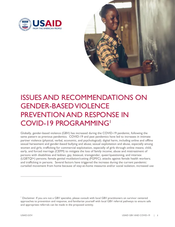 Issues and Recommendations on Gender-based Violence Prevention and Response in Covid-19 Programming
