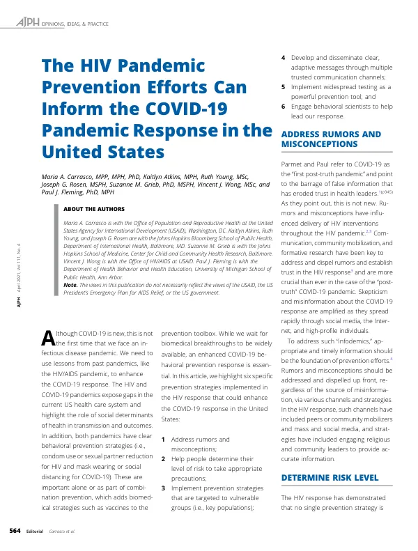 The HIV Pandemic Prevention Efforts Can Inform the COVID-19 Pandemic Response in the United States