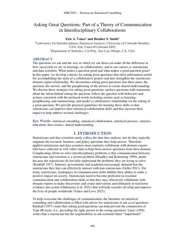 Asking Great Questions: Part of a Theory of Communication in Interdisciplinary Collaborations
