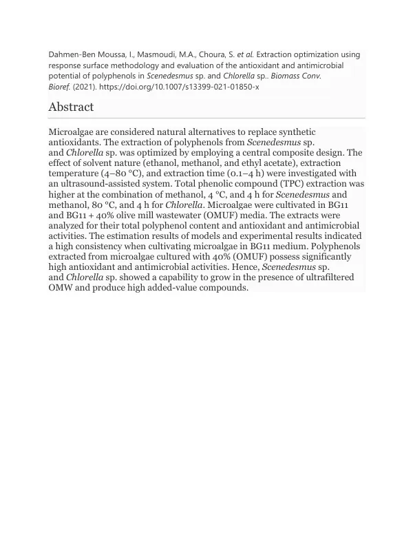 Extraction of Antioxidant and Antimicrobial Potential of Polyphenols in Scenedesmus sp. and Chlorella sp.