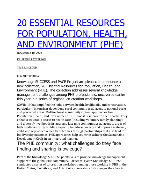 20 Essential Resources for Population, Health, and Environment