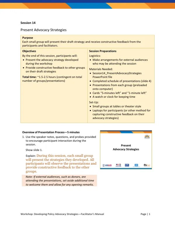 Workshop: Developing Policy Advocacy Strategies—Facilitator’s Manual
