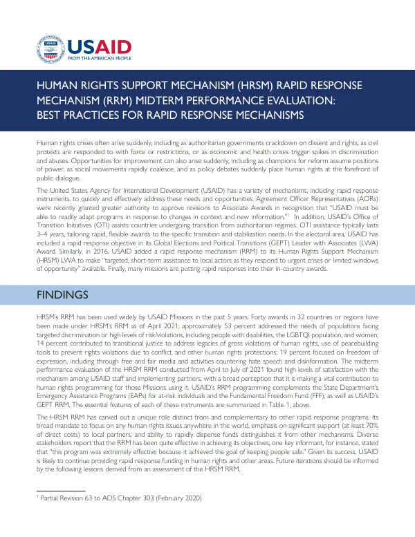 Human Rights Support Mechanism Rapid Response Mechanism Midterm Performance Evaluation: Best Practices For Rapid Response