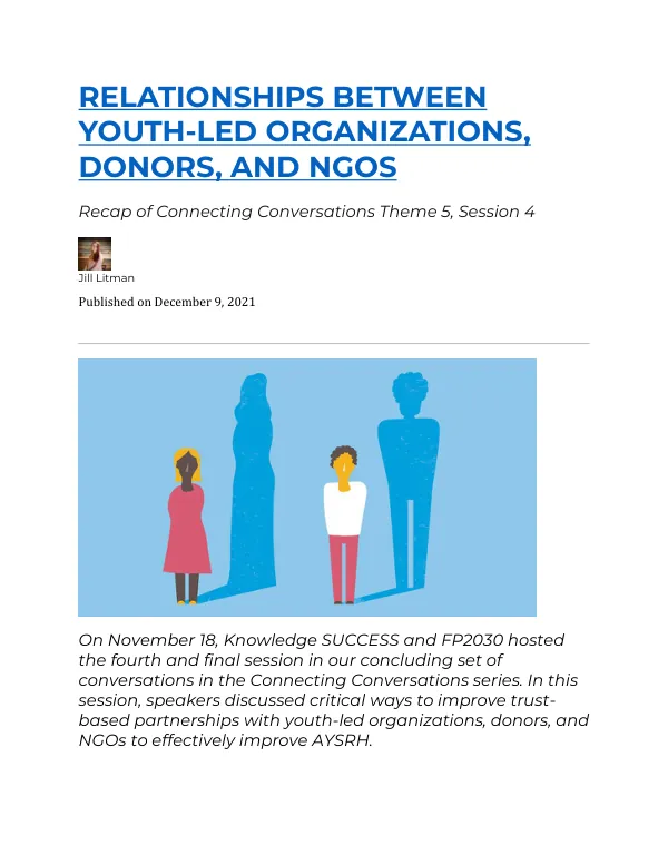RELATIONSHIPS BETWEEN YOUTH-LED ORGANIZATIONS, DONORS, AND NGOS: Recap of Connecting Conversations Theme 5, Session 4