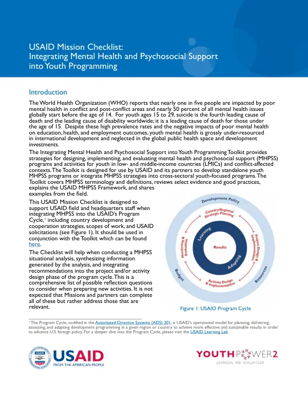 USAID Mission Checklist: Integrating Mental Health and Psychosocial Support into Youth Programming