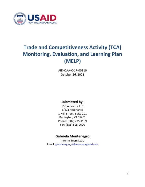 Trade and Competitiveness Activity (TCA) Monitoring, Evaluation, and Learning Plan