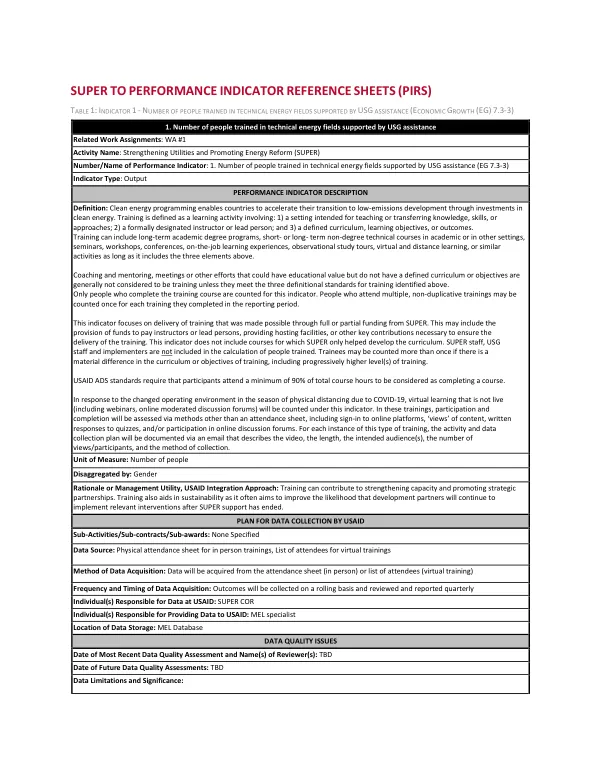 SUPER TO Performance Indicator Reference Sheets (PIRS)