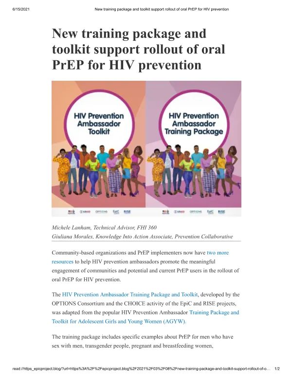 New training package and toolkit support rollout of oral PrEP for HIV prevention