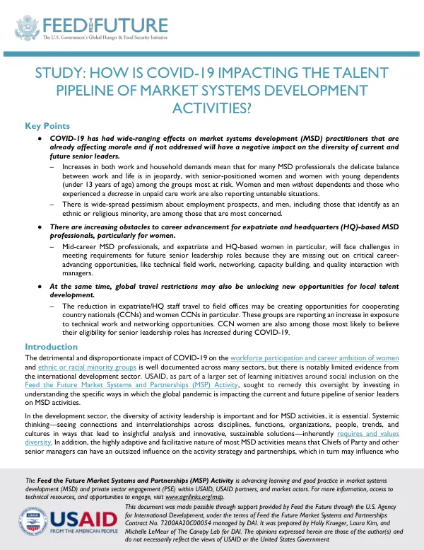 Study: How is COVID-19 Impacting the Talent Pipeline of Market Systems Development Activities?