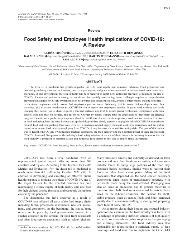 Food Safety and Employee Health Implications of COVID-19: A Review