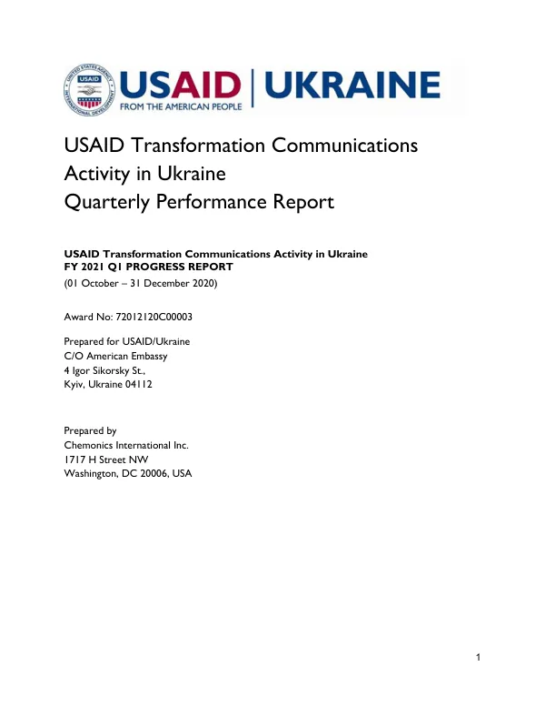 USAID Transformation Communications Activity in Ukraine FY 2021 Q1 PROGRESS REPORT