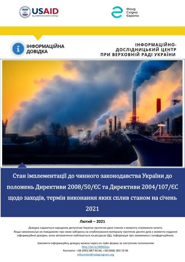 Стан імплементації до чинного законодавства України до положень Директиви 2008/50/ЄС та Директиви 2004/107/ЄС щодо заходів, термін виконання яких сплив станом на січень 2021