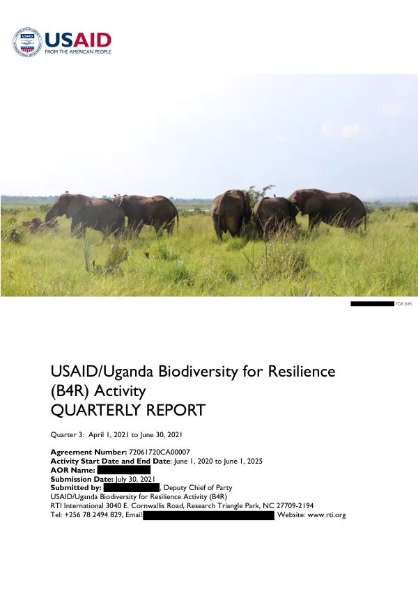 Quarterly Report: USAID/Uganda Biodiversity for Resilience Activity (B4R) Activity