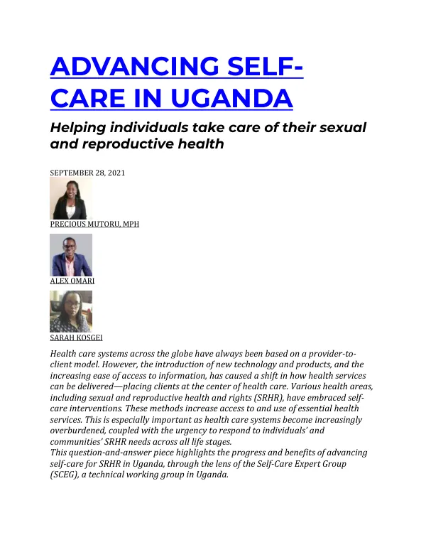 Advancing Self-Care in Uganda: Helping Individuals Take Care of Their Sexual and Reproductive Health